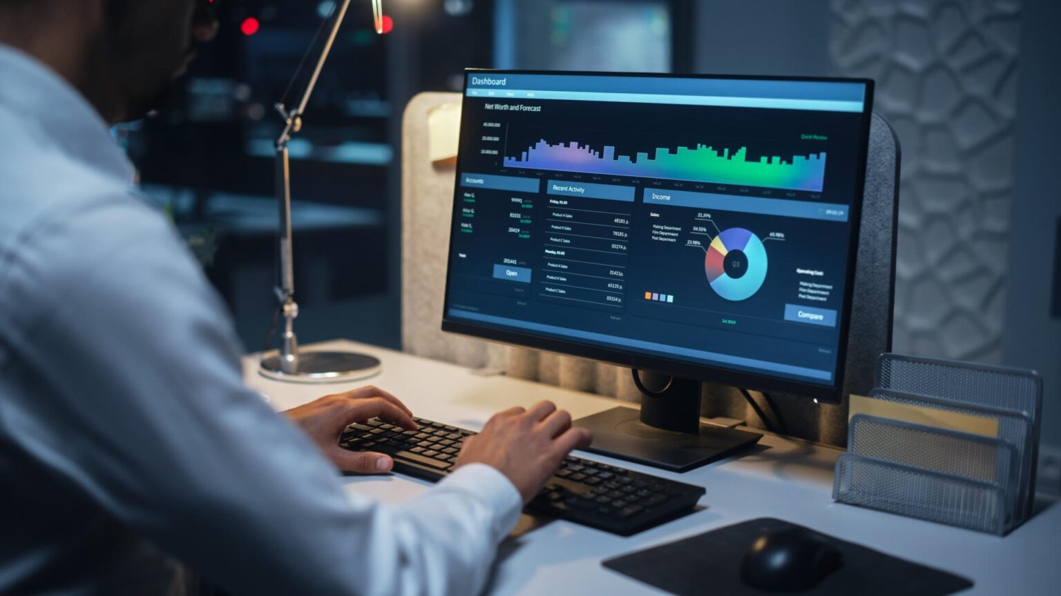 Construction loan monitoring consultant reviewing project financial dashboard and cost reports